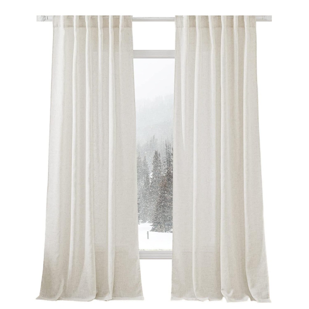 2 Flax Linen Blend Curtain Panels, Each 52"W x 90"L, Semi-Sheer, Light Filtering